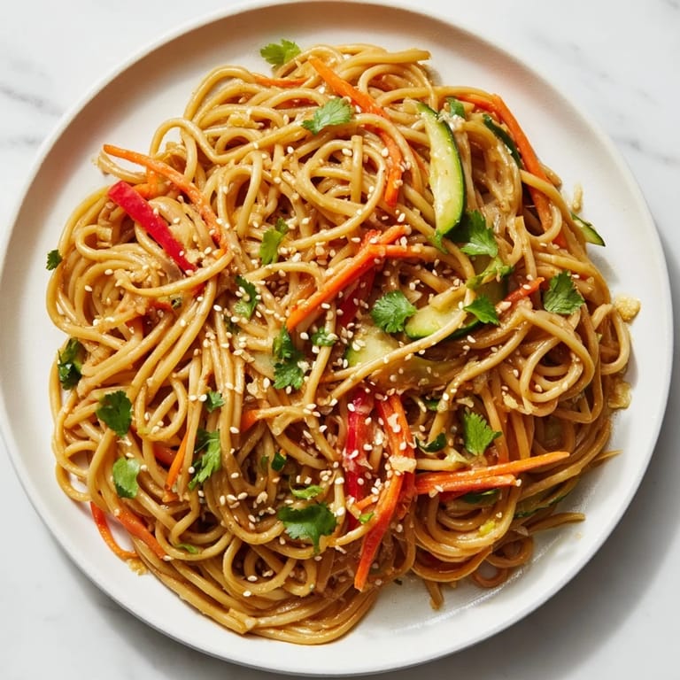 Close-up photo shows a refreshing Garlic Noodle Salad with crunchy carrots and a flavorful soy dressing.