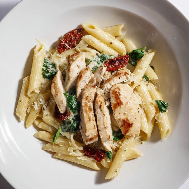 Enjoy a comforting bowl of creamy Tuscan chicken pasta; it's a rich Italian-American dinner staple.