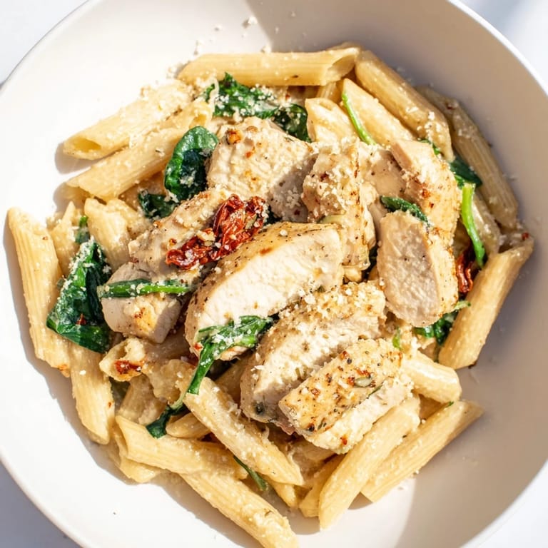 Savory Creamy Tuscan Chicken Pasta with golden chicken pieces and vibrant sun-dried tomatoes is so delicious.