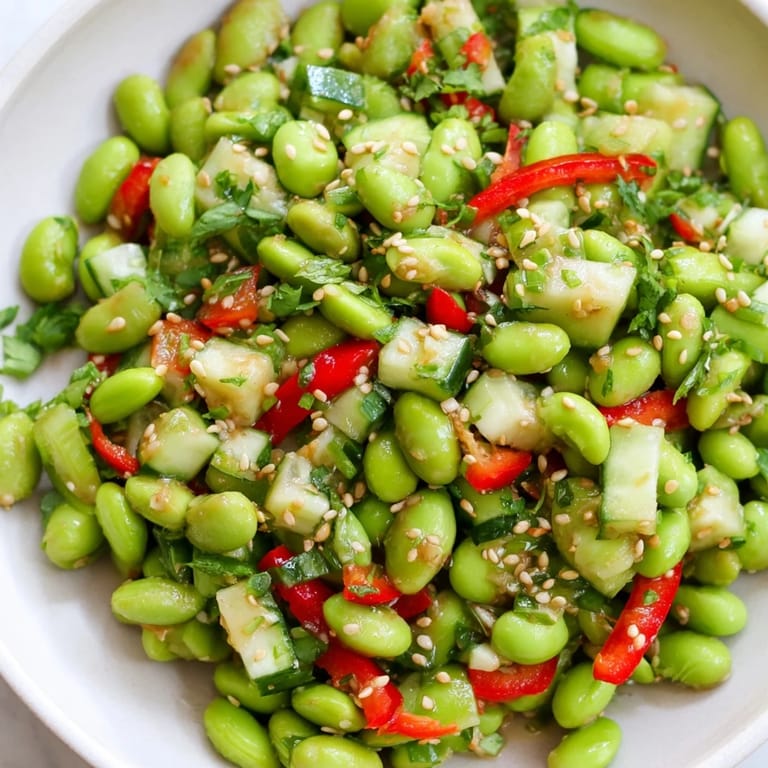 Freshly-made edamame salad with crunchy vegetables, drizzled in a flavorful sesame dressing.