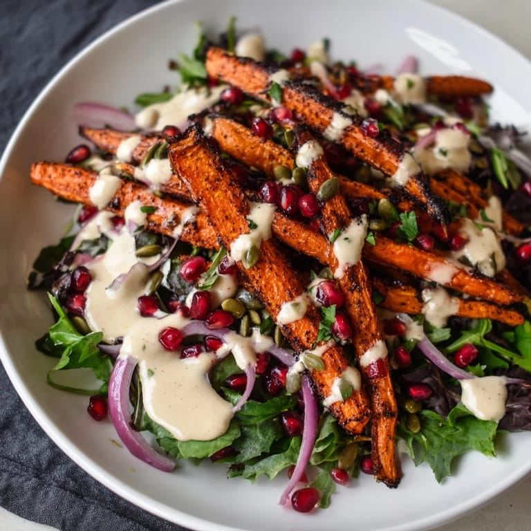 Delicious, vegan roasted carrot salad served atop mixed greens, ready to eat and enjoy.