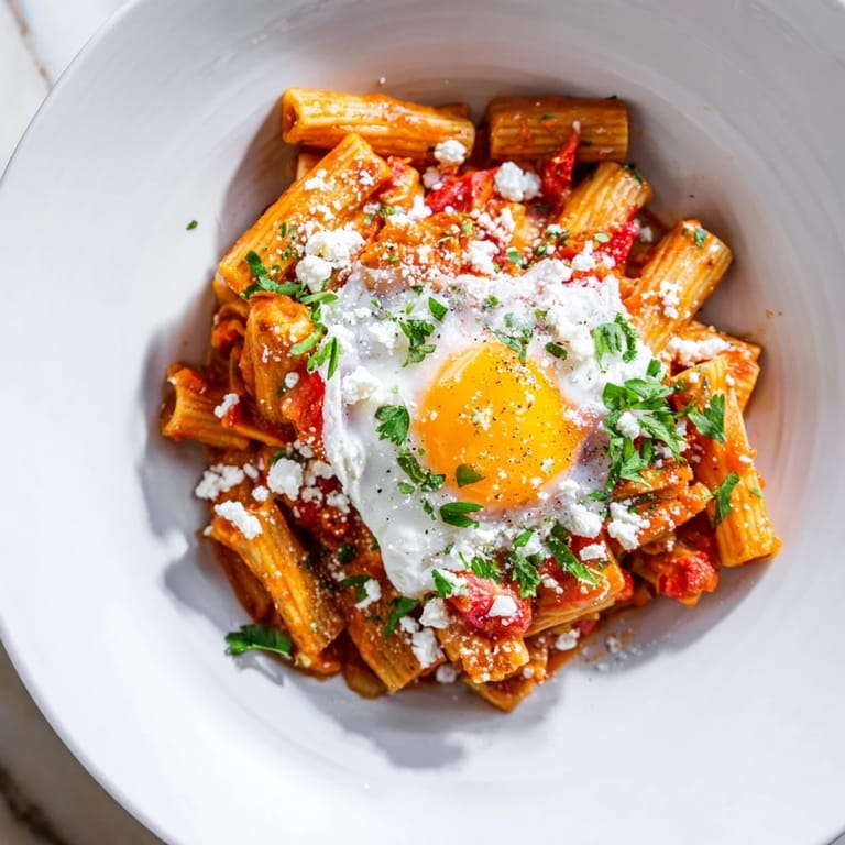 Warm and comforting Quick Shakshuka Pasta; pasta and eggs with a delicious sauce.