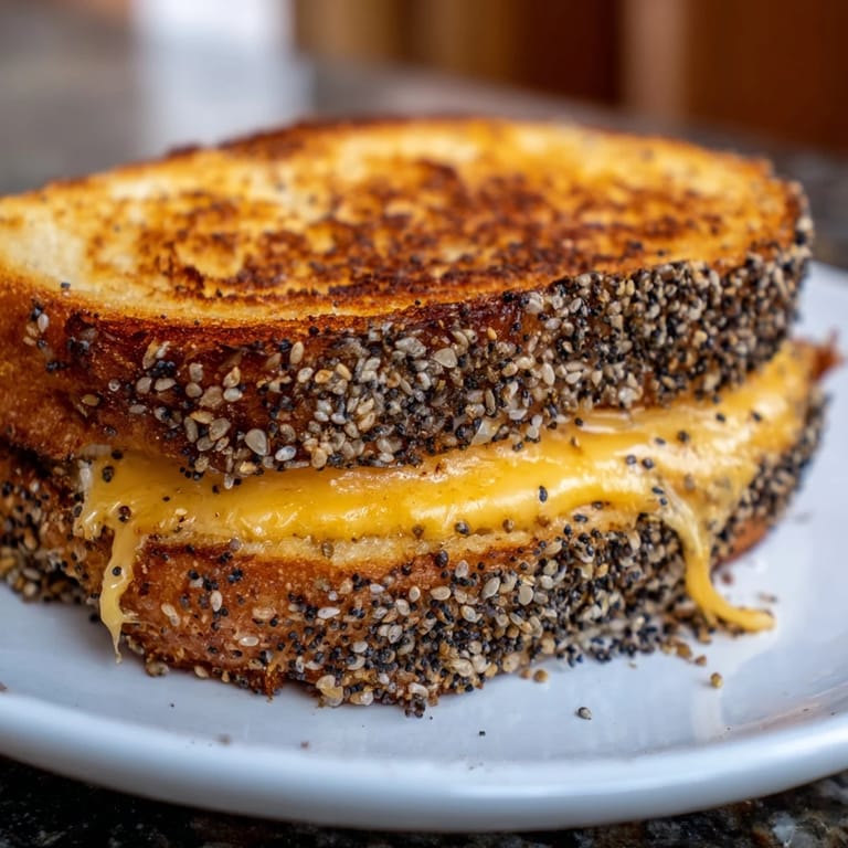 Close-up of toasted Everything Bagel Grilled Cheese showing crispy edges and bubbling cheese.