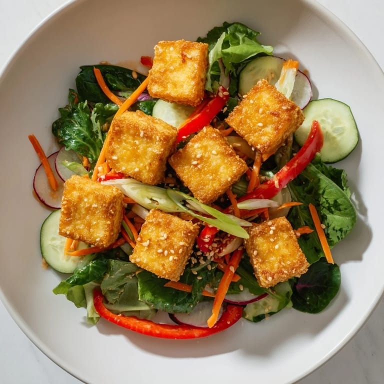 A colorful bowl of crispy tofu salad—fresh, light meal with sesame seeds, ready to enjoy.