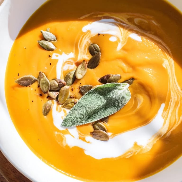 This vibrant orange butternut squash soup with fresh sage offers a comforting, velvety texture.
