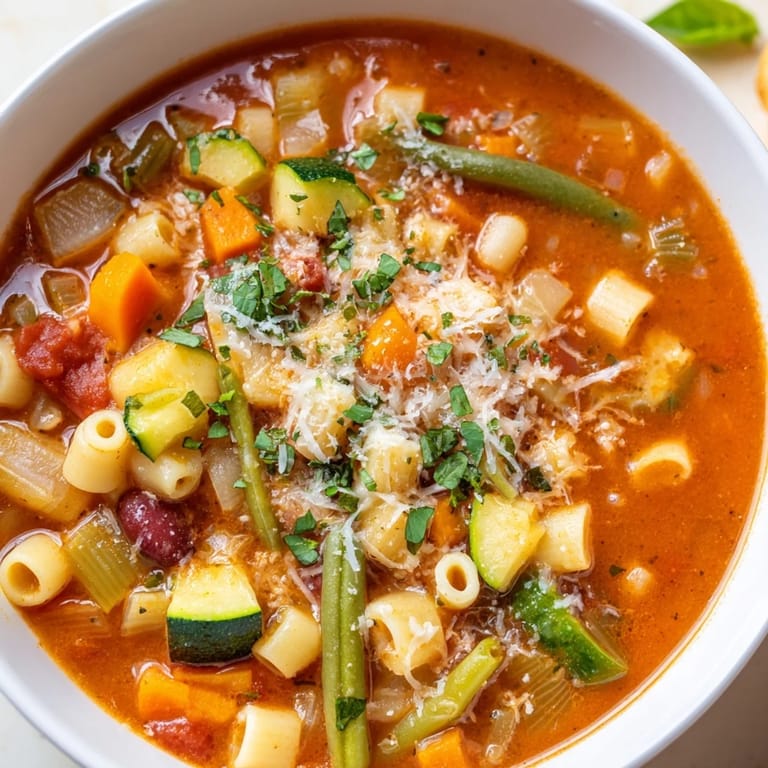 Rustic, homemade tomato basil minestrone, rich with tomatoes and herbs, ready to be ladled for serving.