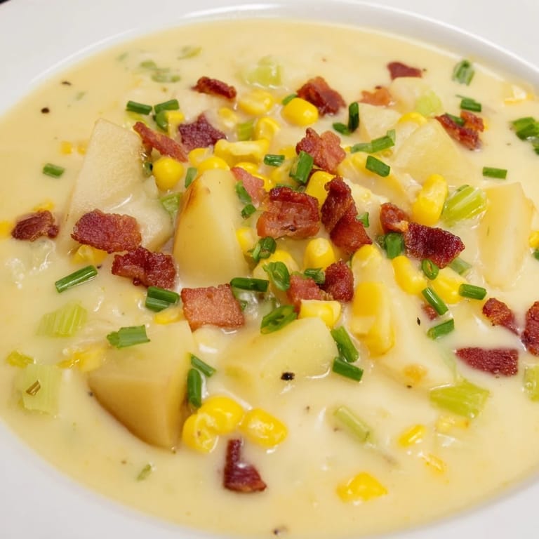 A close-up shot of rich and flavorful Corn Chowder, perfect for a cozy dinner or lunch.