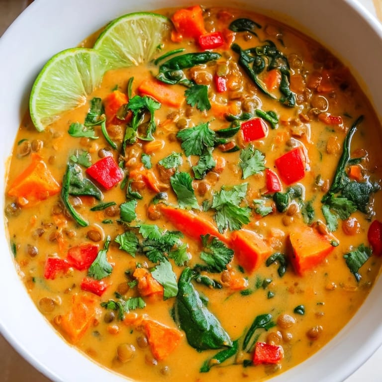 Fragrant and vibrant, a close-up of a bowl of creamy Lentil Red Curry Soup.
