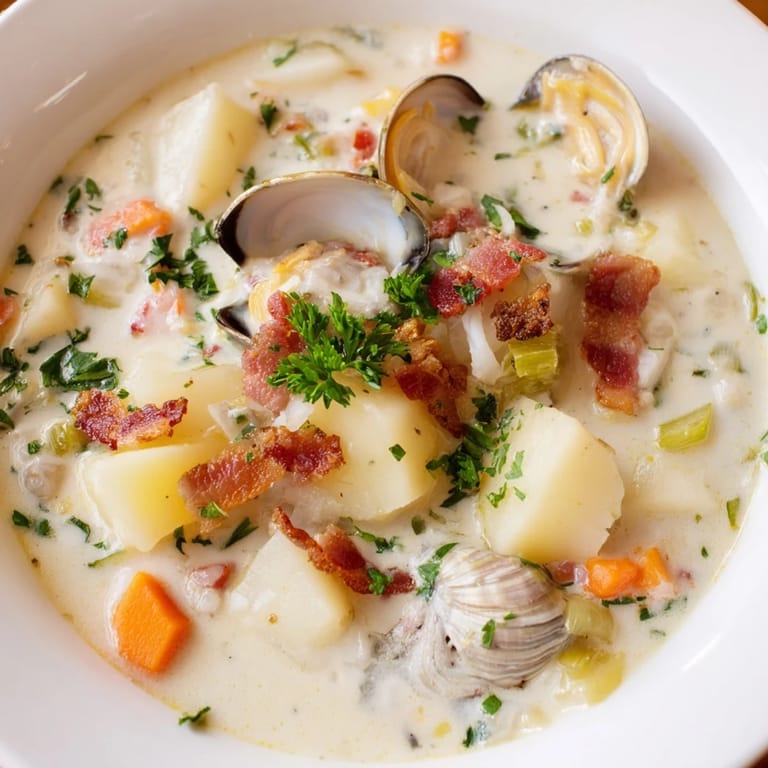 Close-up of a rustic bowl filled with rich New England Clam Chowder, perfectly seasoned and comforting.