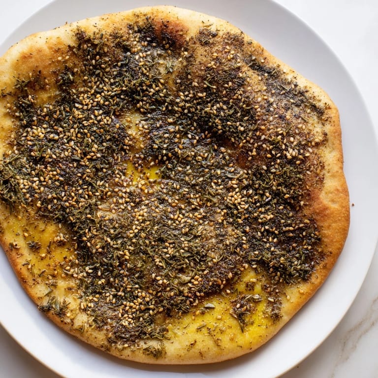 Enjoy a close-up of the flavorful Levantine Zaatar Bread, infused with herbs and olive oil.