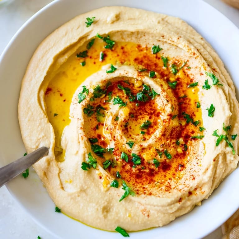A vibrant Levantine hummus plate, garnished with parsley, perfect for dipping warm pita bread.
