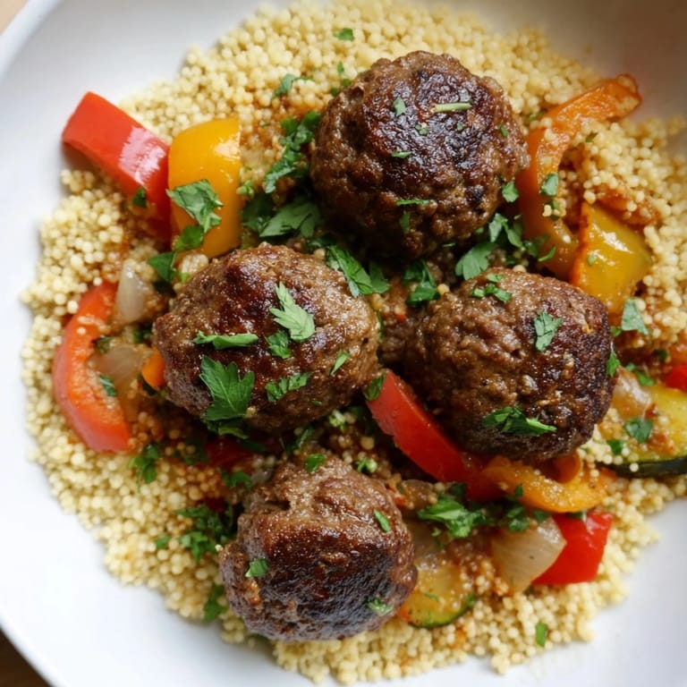 Warm North African Couscous Kefta, offering a comforting aroma of spiced meatballs in rich tomato sauce, ready to serve.