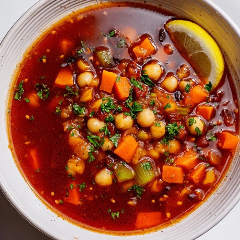 Steaming hot North African Harira Soup served in a bowl, alongside lemon wedges for a bright flavor.