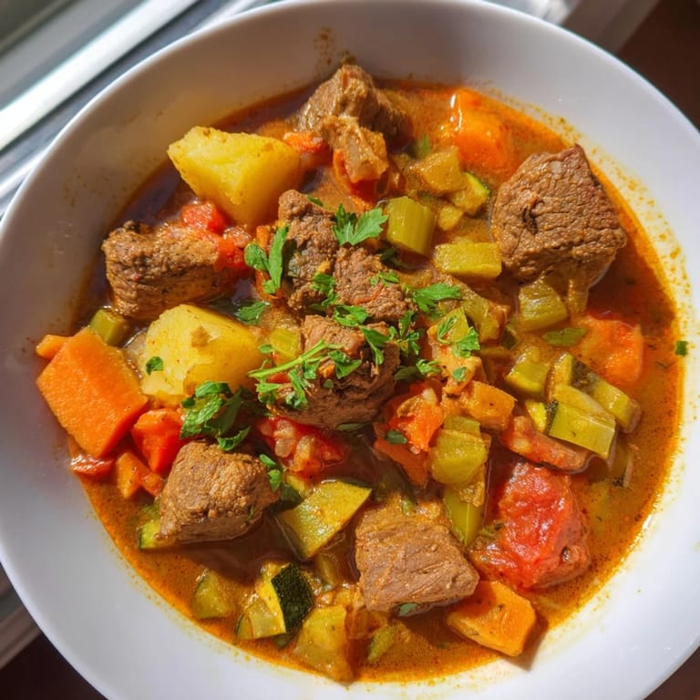 Close-up of hearty, flavorful Algerian Chorba, highlighting the rich tomato broth and tender lamb.