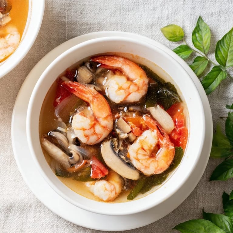A close-up of delicious Spicy Tom Yum Soup showcasing plump shrimp and a spicy, aromatic broth.