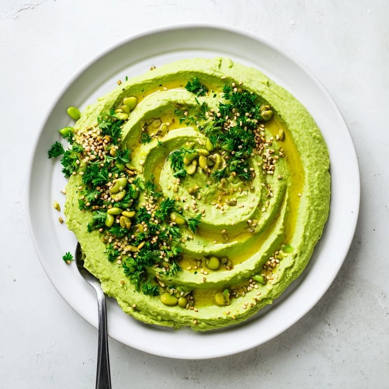 Smooth, bright Edamame Hummus served in a white dish, topped with a swirl of olive oil and fresh herbs, ready to enjoy.