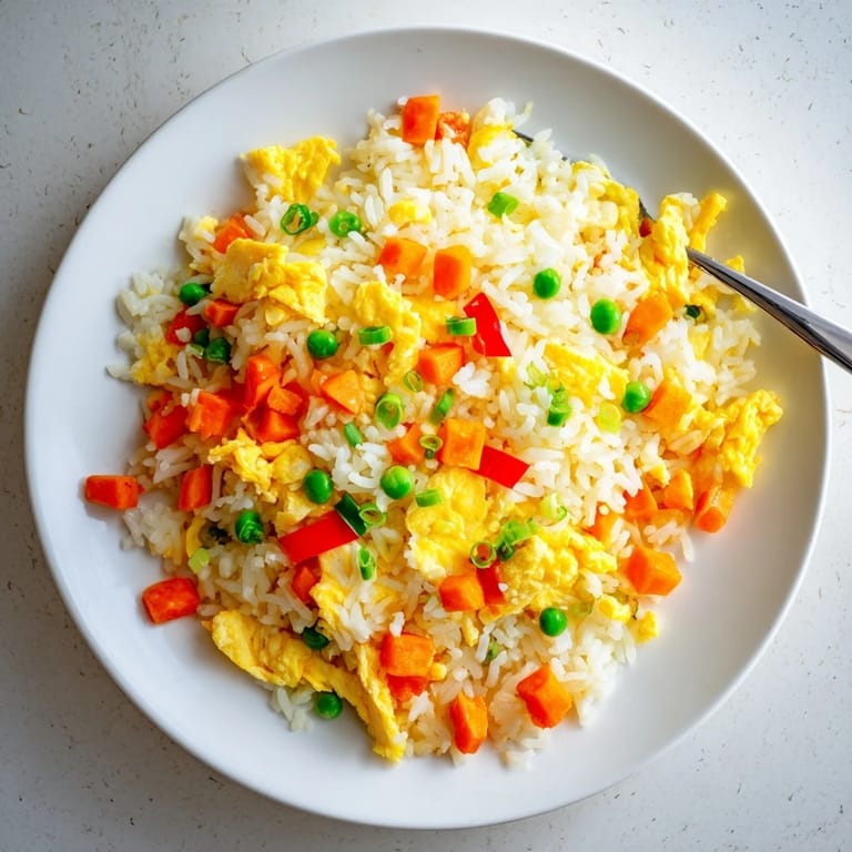 Classic egg fried rice topped with fresh green scallions and a drizzle of soy sauce in a white bowl.