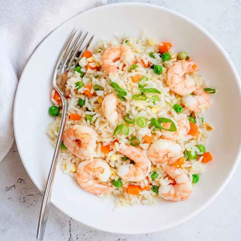Shrimp Garlic Fried Rice sizzling in a hot wok, with vibrant peas, carrots, and onions mixed into fluffy grains.