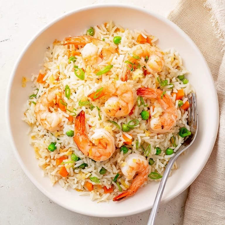 A serving of Shrimp Garlic Fried rice plated next to crisp lettuce leaves, perfect for a quick weeknight meal.