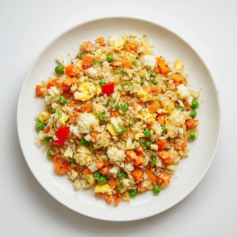 Plate of low-carb cauliflower fried rice with diced carrots, bell peppers, and peas, ready to serve.
