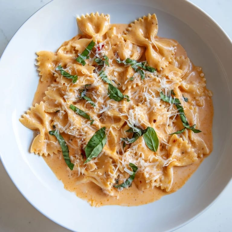 Steaming bowl of Tomato Basil Bowtie Pasta with al dente farfalle, rich tomato cream, and a sprinkle of cheese.