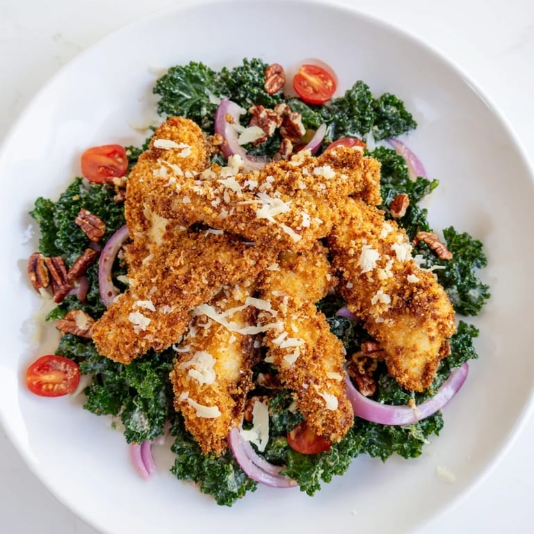 Savory breaded chicken breast slices rest on fresh kale salad with halved cherry tomatoes, red onion, and a drizzle of tangy maple-Dijon dressing.