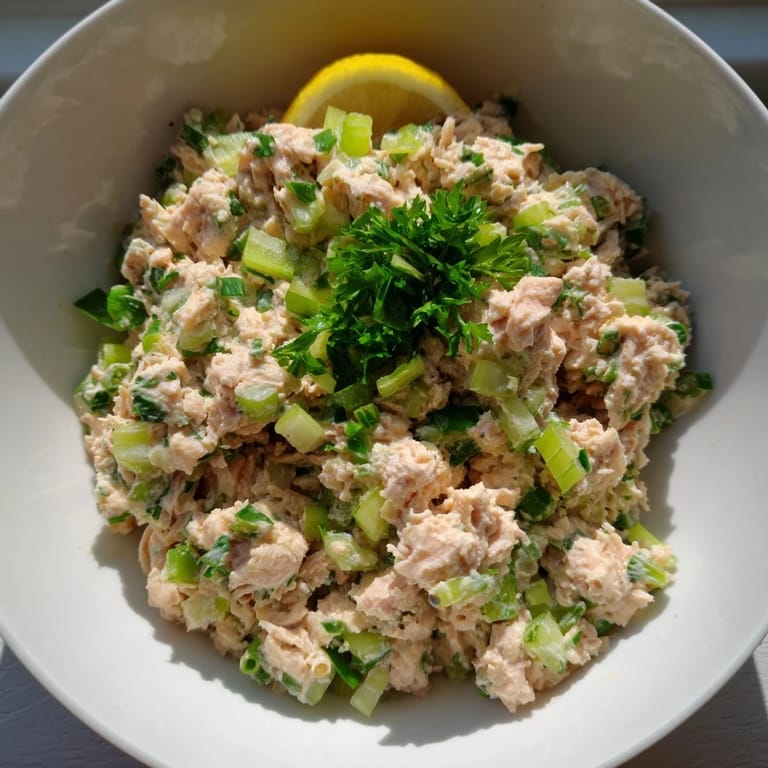 A vibrant serving of Spicy Zesty Tuna Salad in lettuce cups, topped with fresh herbs and lemon wedges.