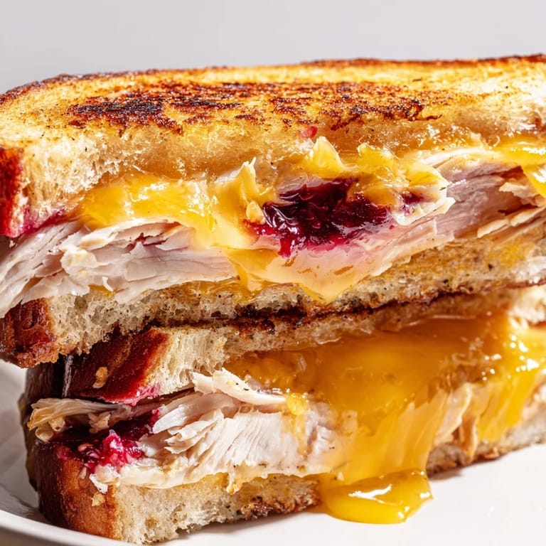 Homemade smoked turkey grilled cheese sandwich with melted cheddar and cranberry spread, cut diagonally and served with a side of sweet potato fries.