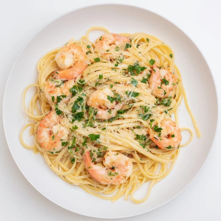 A close-up of Creamy Garlic Shrimp Pasta garnished with fresh parsley, offering a comforting, restaurant-quality meal at home.