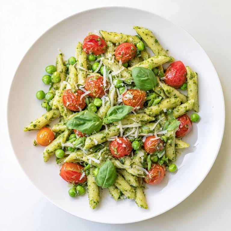 A chilled bowl of Green Pesto Pasta Salad featuring tender pasta, aromatic pesto, sweet peas, and fresh basil garnish.