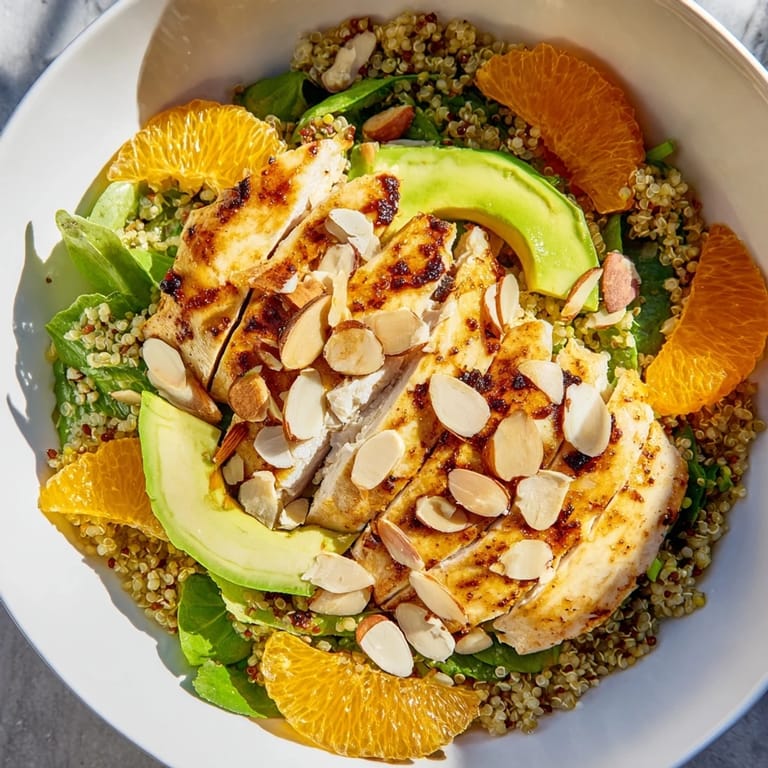 Citrus Herb Chicken Salad Bowl garnished with toasted almonds, ready to serve with a zesty vinaigrette dressing.