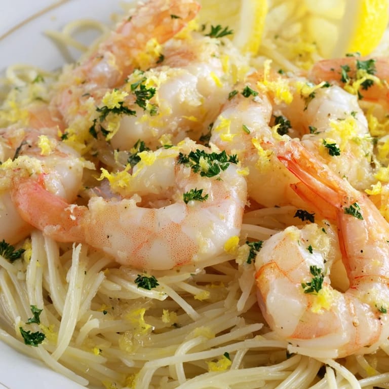 A vibrant serving of Lemon Butter Shrimp Pasta Lite on a white plate, garnished with lemon wedges and chopped herbs for a fresh, weeknight meal.