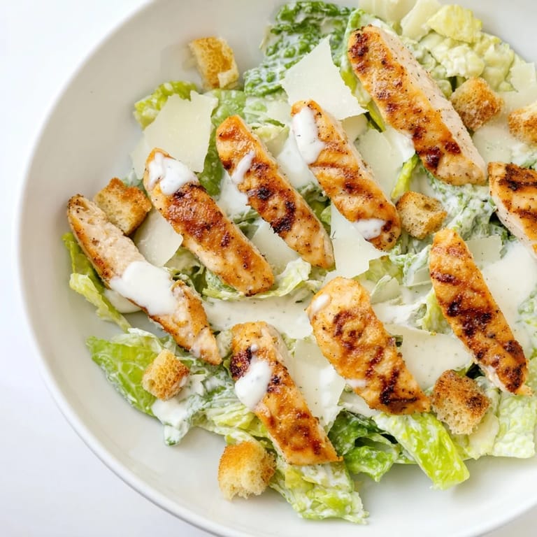Overhead shot of a hearty Yogurt Caesar Grilled Chicken Salad, showcasing juicy chicken strips, halved cherry tomatoes, and crunchy croutons tossed in creamy dressing.