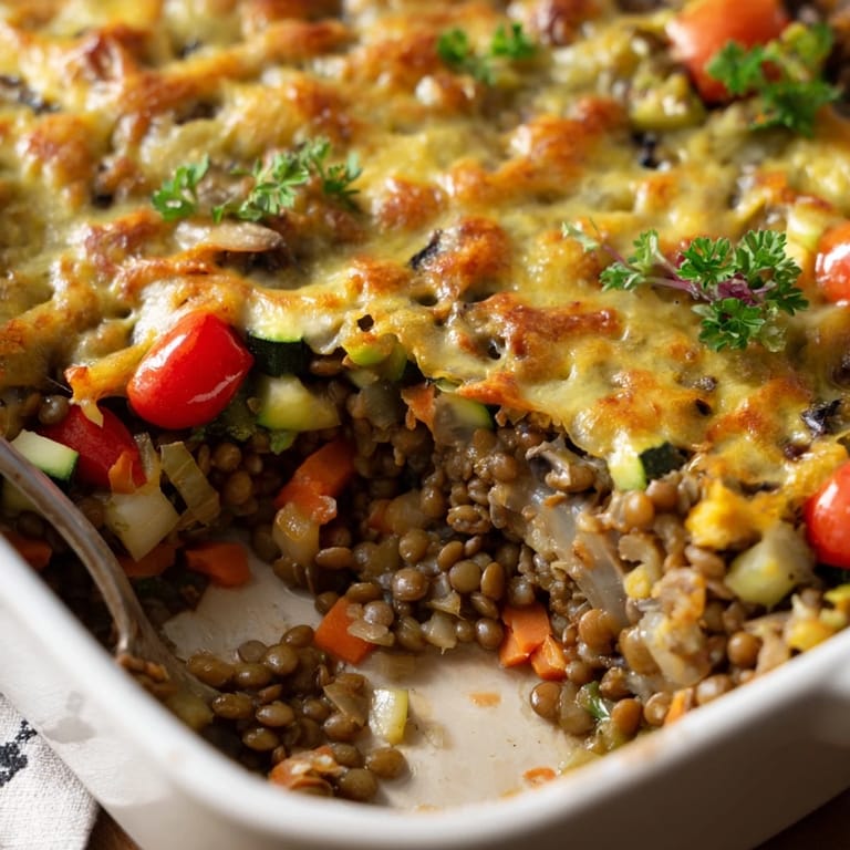 The wholesome Green Lentil and Vegetable Casserole emerges from the oven, bubbling with a medley of seasonal vegetables in a rich tomato broth.