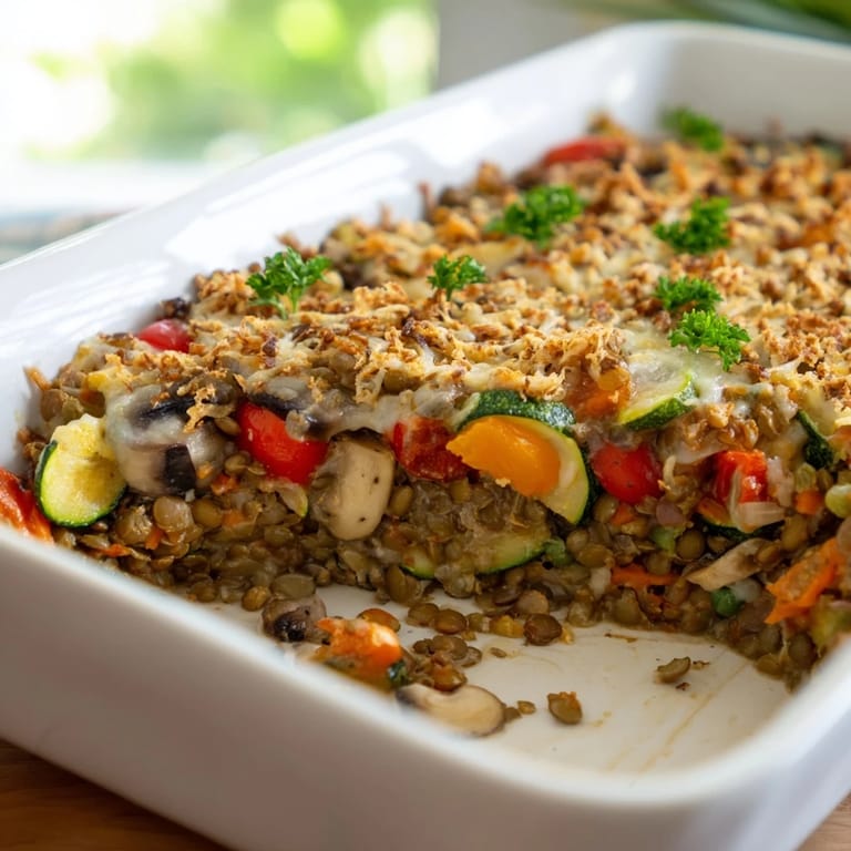 Serving suggestion for Green Lentil and Vegetable Casserole, presented in a rustic dish alongside a slice of crusty artisan bread for dipping.