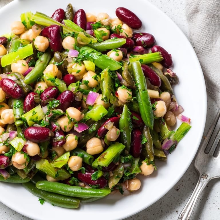 Chilled Three-Bean Salad with beans and herbs, a healthy vegetarian side dish for any meal.