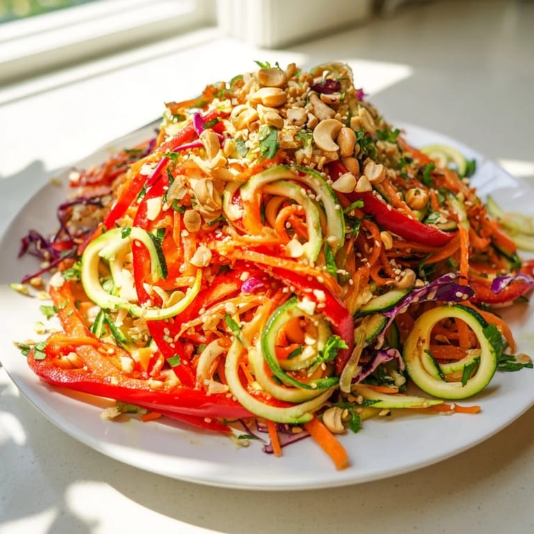Tossed Raw Vegetable Noodle Salad plated on a white dish, featuring colorful vegetables and a drizzle of ginger-sesame dressing for a light lunch.