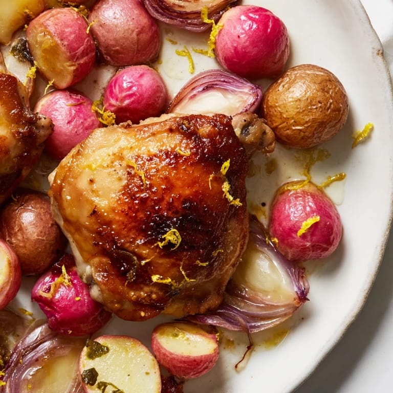 A colorful one-pan meal featuring roasted radishes, chicken thighs, and potatoes, garnished with parsley and ready to serve hot.