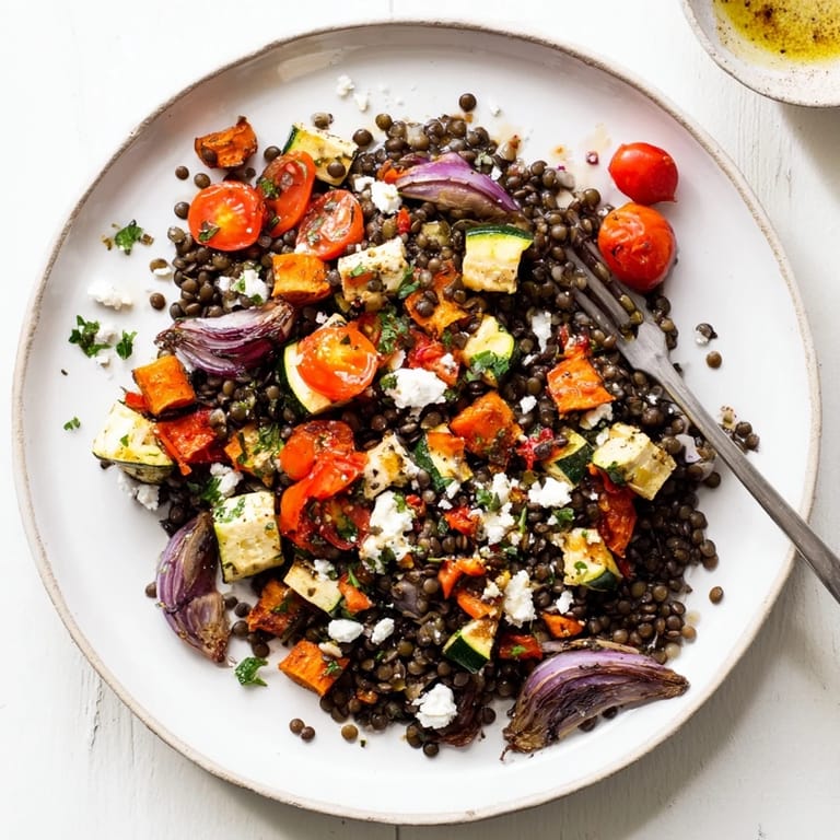 Healthy Black Lentil Salad with Roasted Vegetables mixing earthy lentils, zesty lemon dressing, and roasted bell peppers and zucchini on a rustic wooden table.