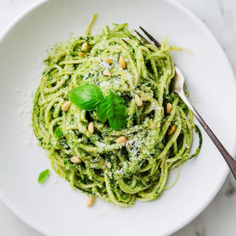 Golden sautéed zucchini noodles in a large skillet, coated in fragrant pesto and ready to serve with fresh basil and grated Parmesan.