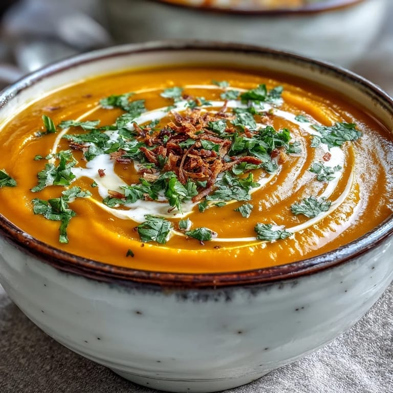 This vegan Carrot and Coconut Soup is blended until velvety and served steaming hot in a rustic white bowl.