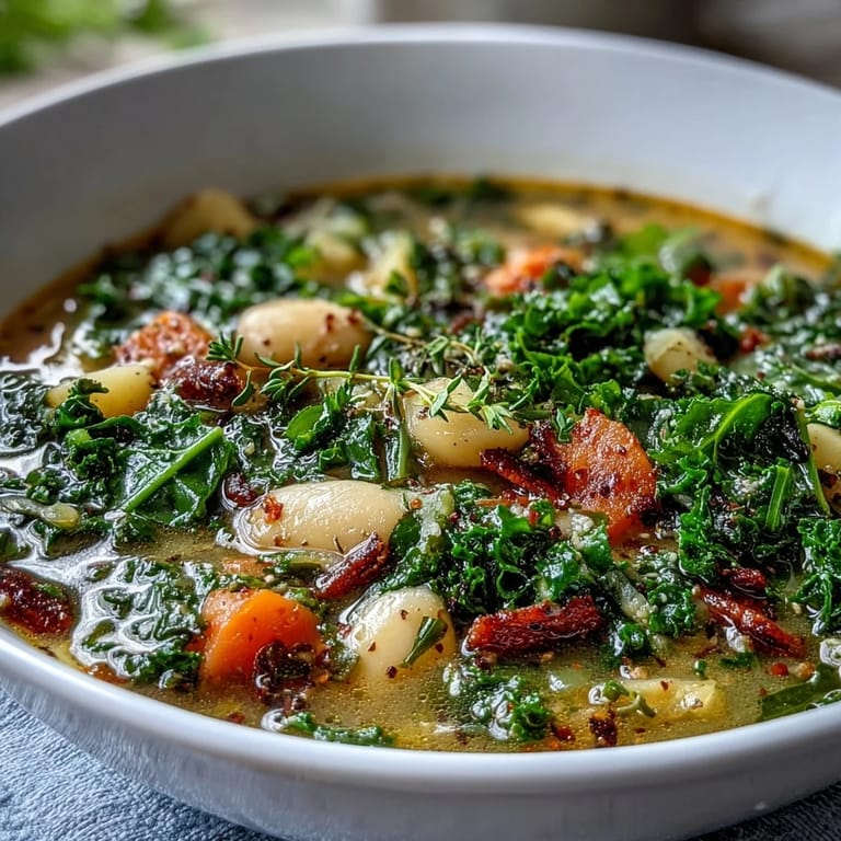 Healthy Kale Soup simmering in a pot, showcasing vibrant greens, diced potatoes, and aromatic thyme for a wholesome lunch.