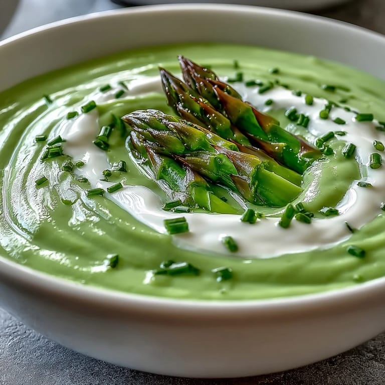Silky smooth Asparagus Soup with bright green hue, ready to enjoy with a slice of crusty bread.