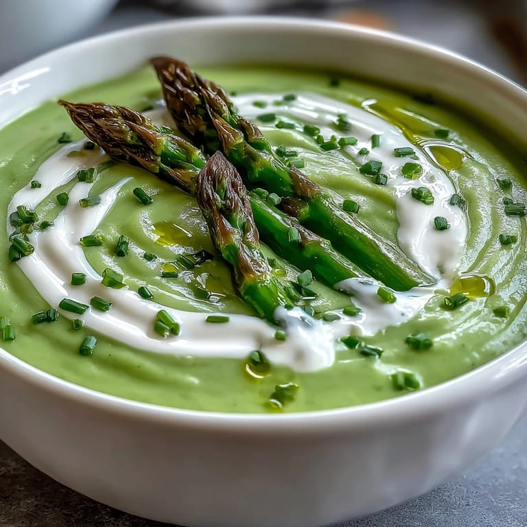 Freshly blended Asparagus Soup topped with blanched asparagus tips, garnished with chives for a vibrant finish.