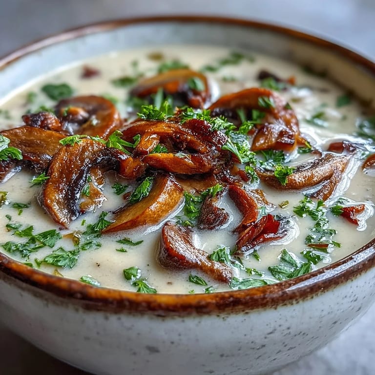 Earthy Mushroom Soup in a white bowl, garnished with parsley and served alongside warm crusty bread.