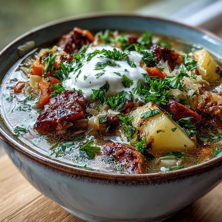 Close-up of Sauerkraut Soup topped with fresh parsley and sour cream in a cozy, home-kitchen setting.