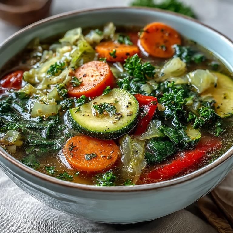 A rustic pot of Cabbage Soup simmering with diced red bell peppers and zucchini, served hot with a lemon wedge on the side.