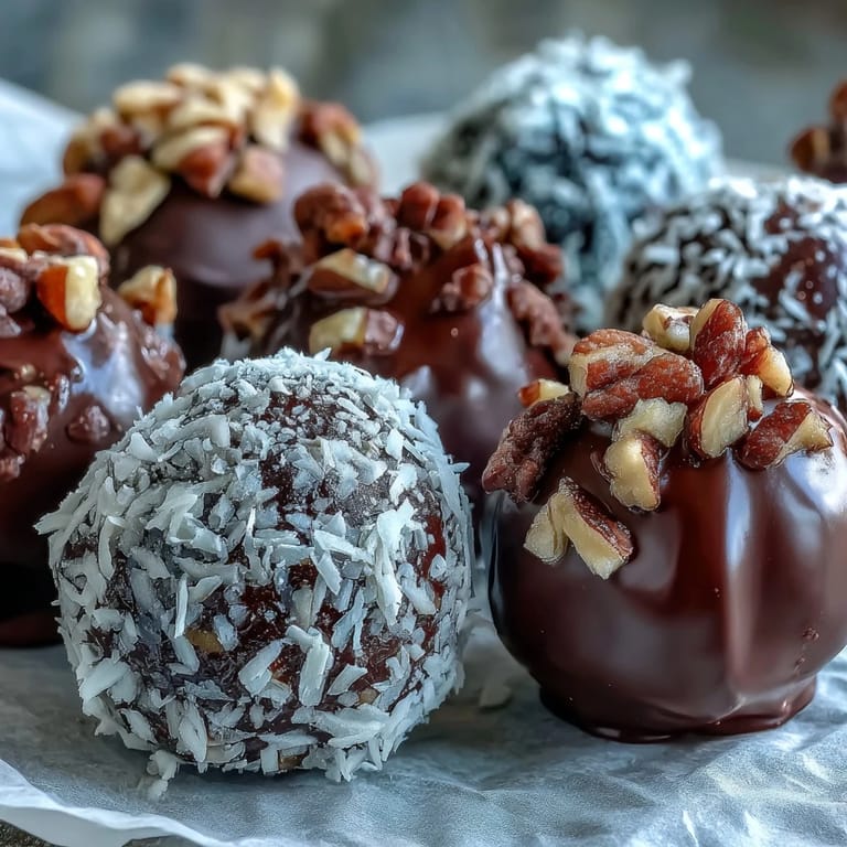 Handmade Chocolate Truffles in various coatings, including cocoa, coconut, and nuts, with a rich, velvety texture.
