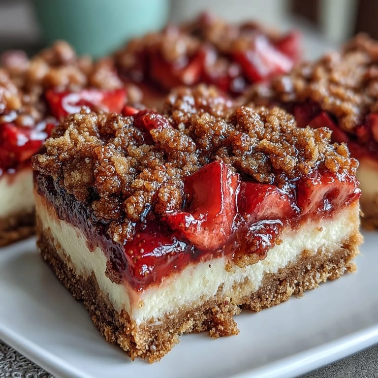 A platter of homemade Strawberry Cheesecake Bars is garnished with fresh mint and a drizzle of strawberry glaze.