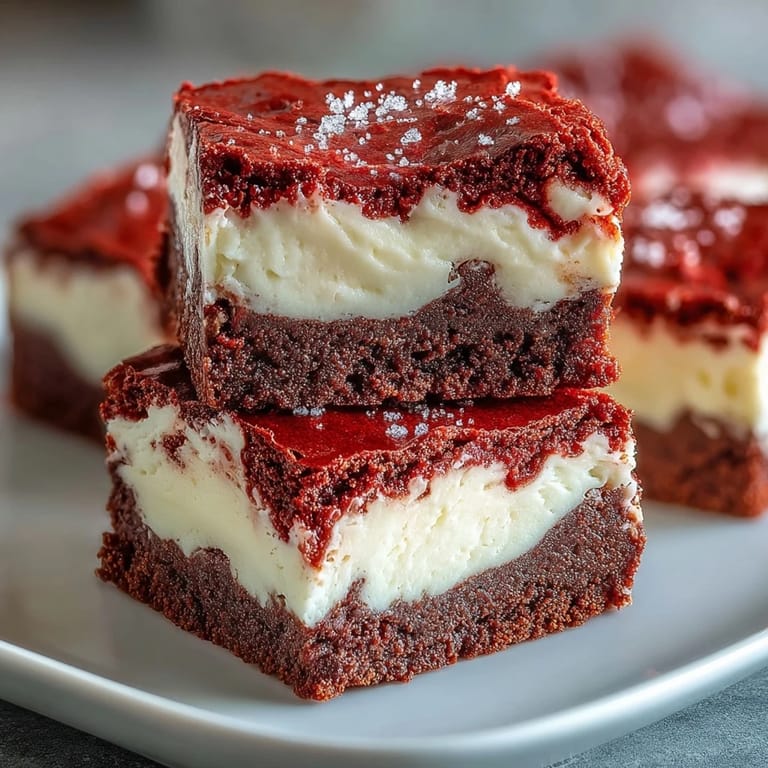 Decadent Red Velvet Cheesecake Brownies topped with white chocolate shavings, ready to serve at a festive dessert party.